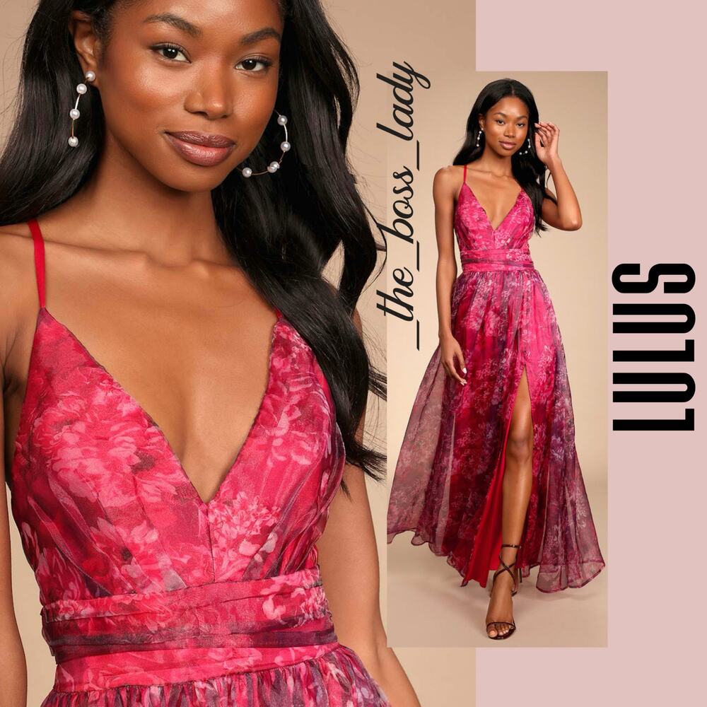 Lulu's Fuchsia Floral V-Neck High-Slit Maxi Dress NWT